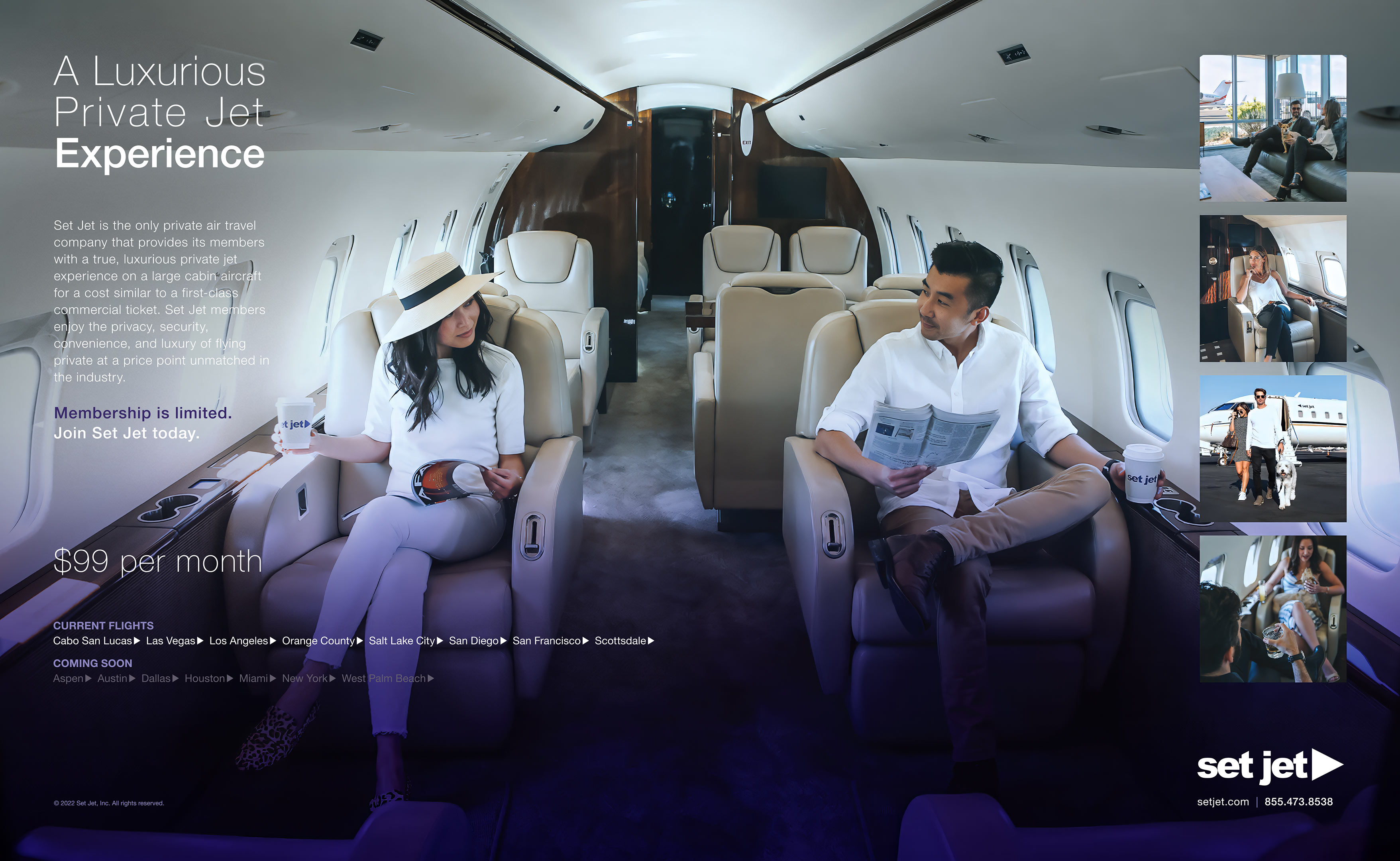 A man and a woman relaxing across the aisle from each other in spacious private jet seats, featuring inset photos of the travel experience.