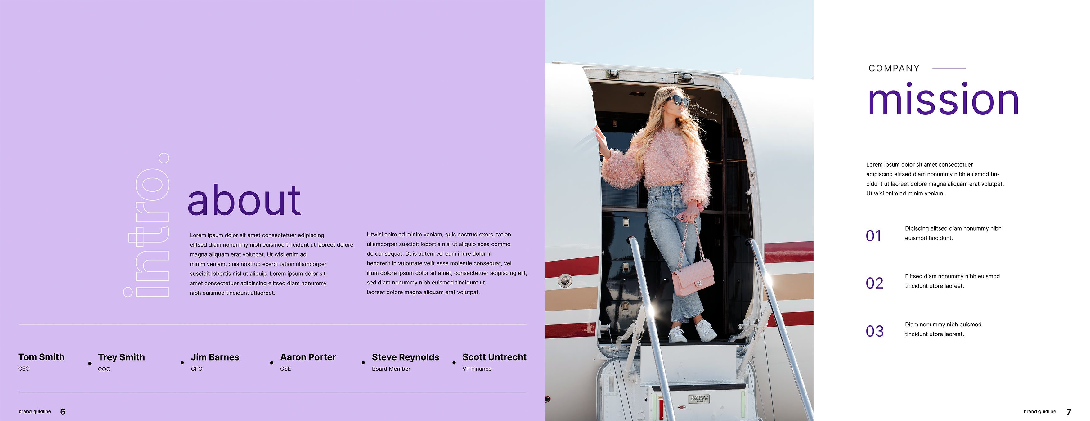 Set Jet brand guidelines spread featuring the company introduction, mission statement, executive leadership, and a lifestyle image of a passenger exiting a private jet.