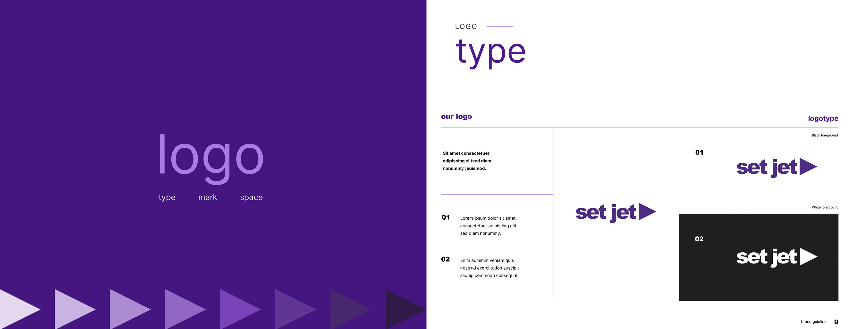 Set Jet brand guidelines showcasing logo standards, logotype variations, clear space requirements, and approved logo usage on light and dark backgrounds.
