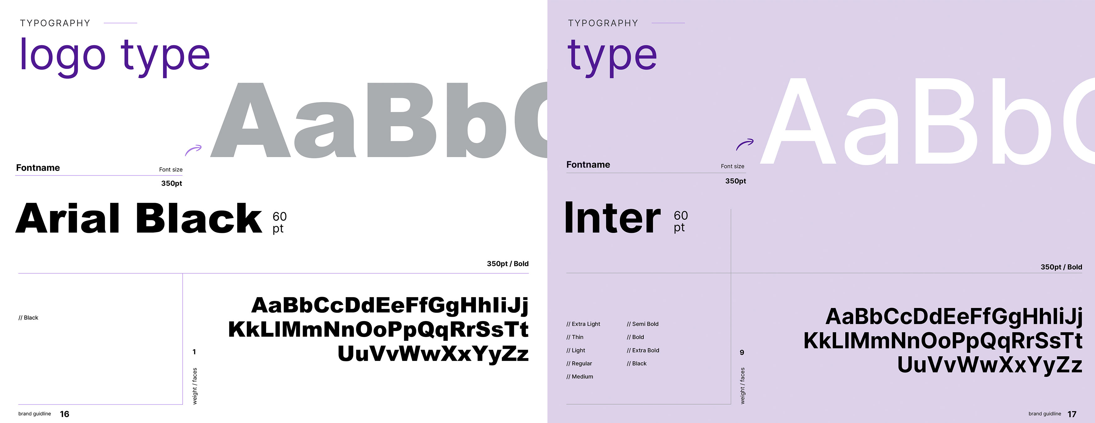 Set Jet brand guidelines showcasing the approved typography system, including Arial Black and Inter typefaces, font weights, sizes, and character sets for consistent brand communication.