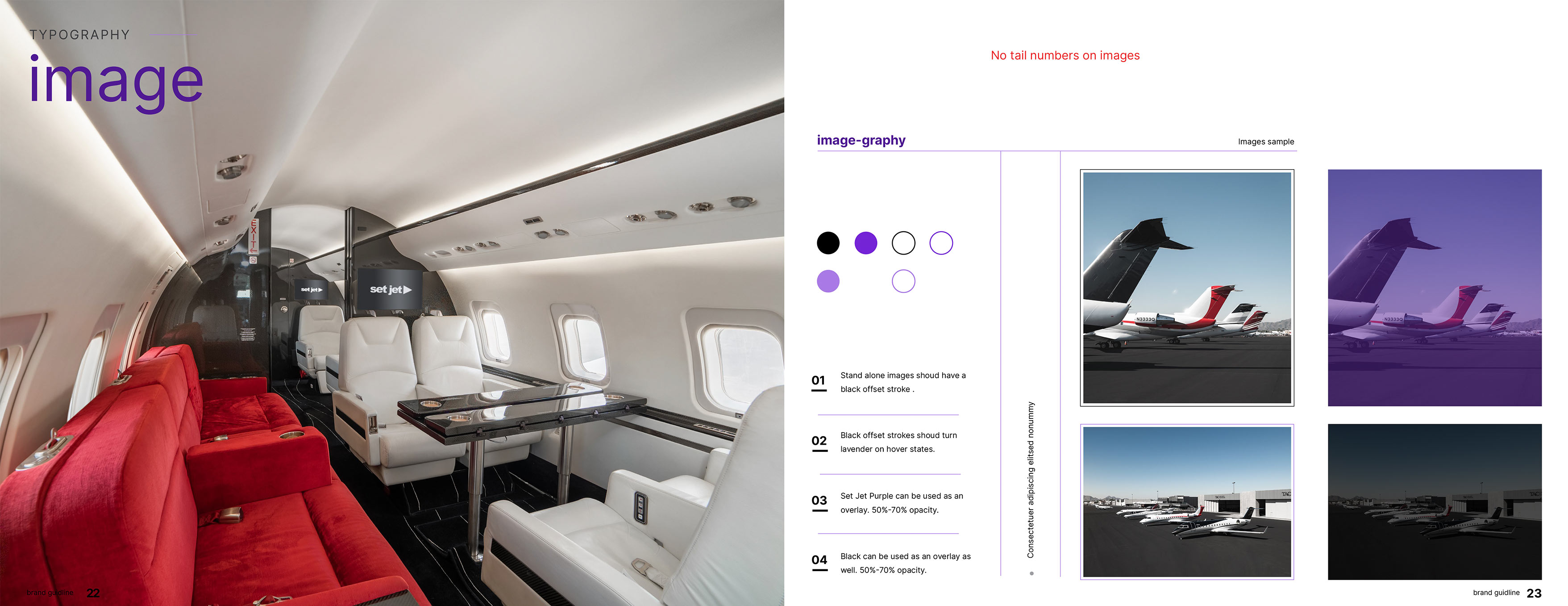 Set Jet brand guidelines showcasing photography standards, image treatments, color overlays, and visual style for luxury private aviation marketing.