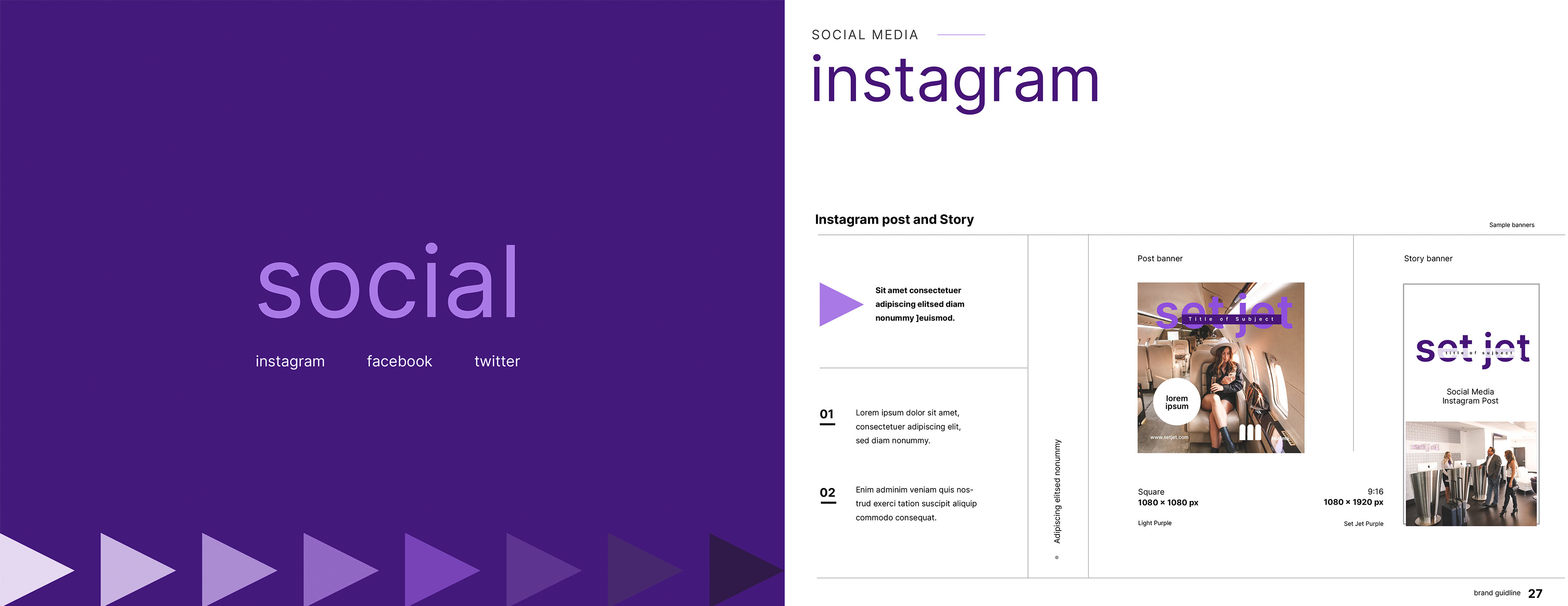 Set Jet brand guidelines showcasing approved social media templates for Instagram posts and stories, including layout, sizing, and branding for consistent visual communication.